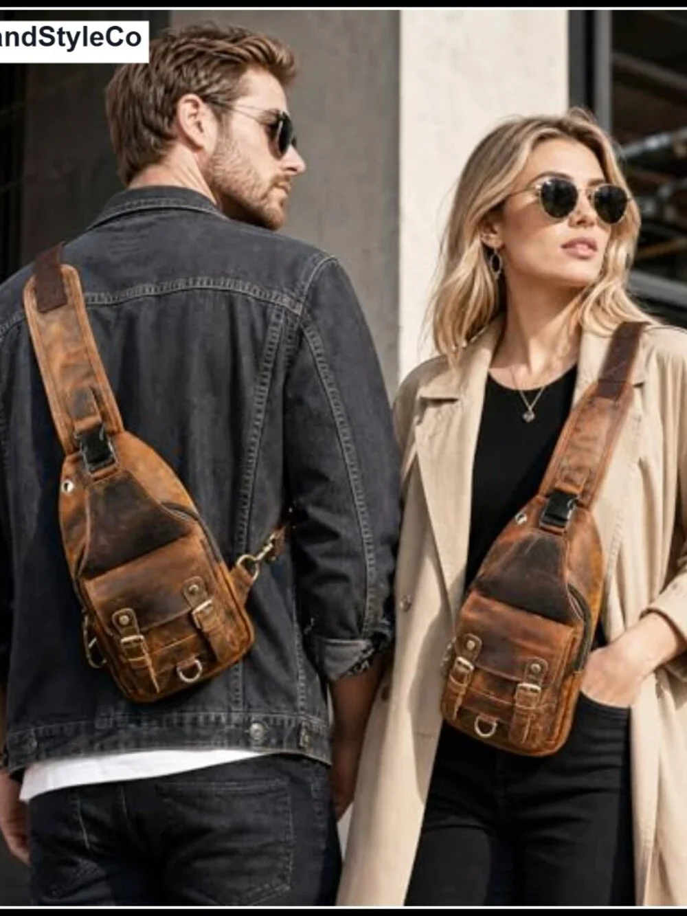Genuine Leather Hiking Travel Daypack Sling Crossbody Triangle Chest Pack
